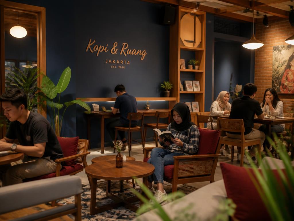 Interior Kopi Nusantara yang nyaman dengan nuansa navy dan maroon