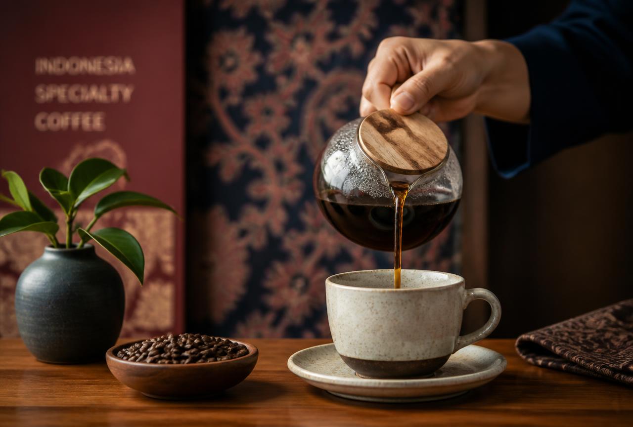 Secangkir kopi artisan Kopi Nusantara dengan nuansa navy dan maroon
